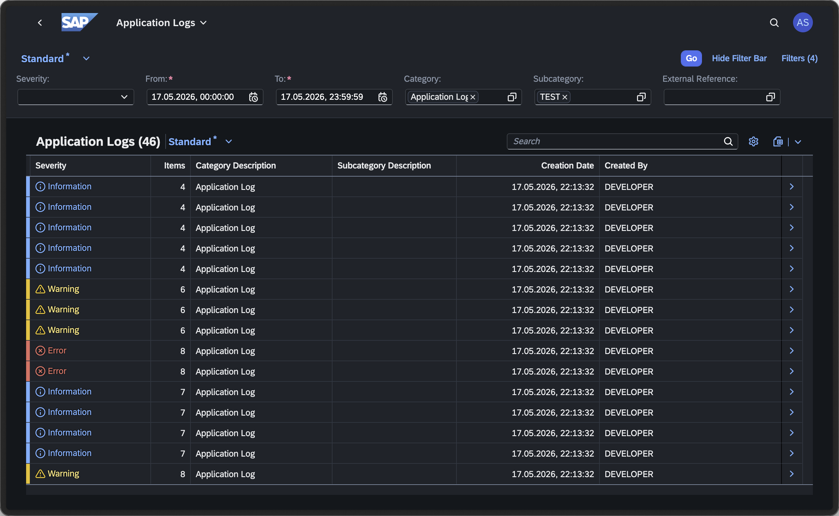 F1487 Application Logs main list showing 46 logs with Severity, Items, Category, and Created By columns