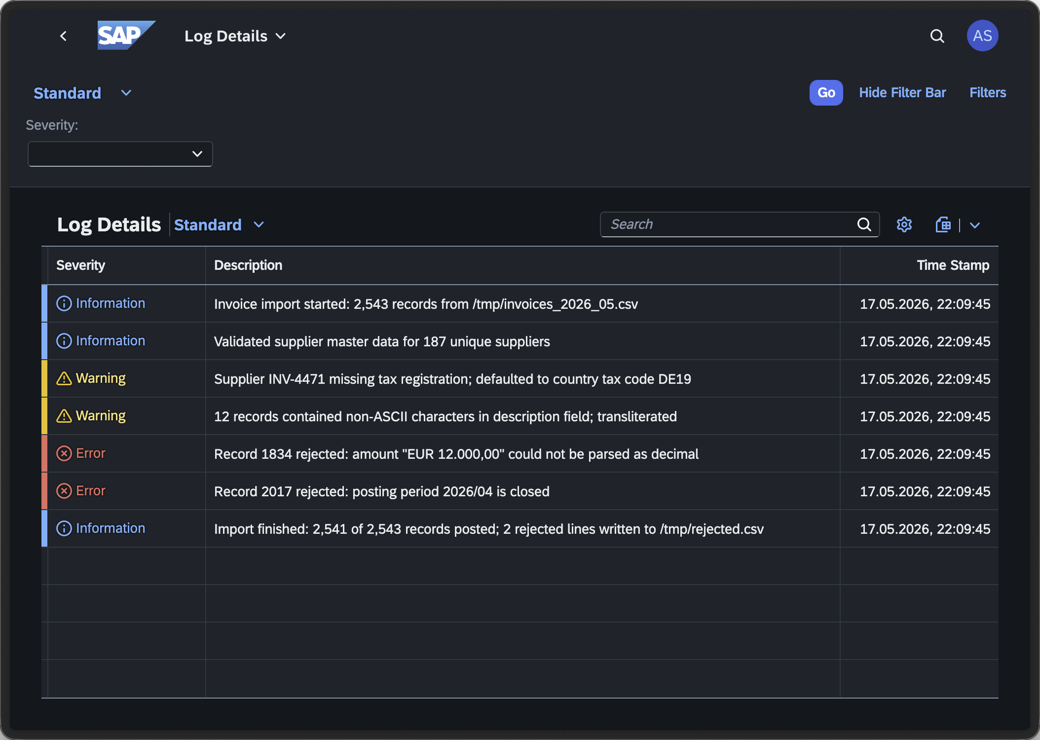 F1487 Log Details view showing items of one log with mixed Information, Warning, and Error severities