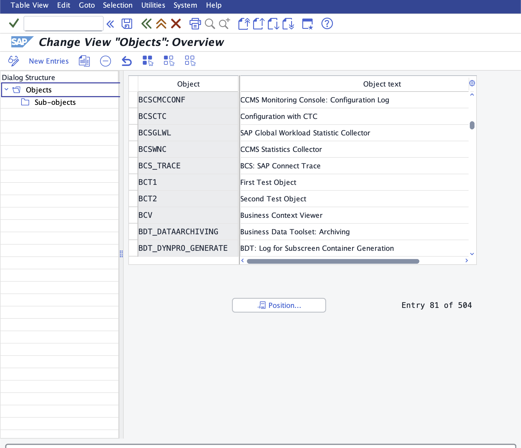 SLG0 'Change View Objects: Overview' with the dialog structure tree and the object list