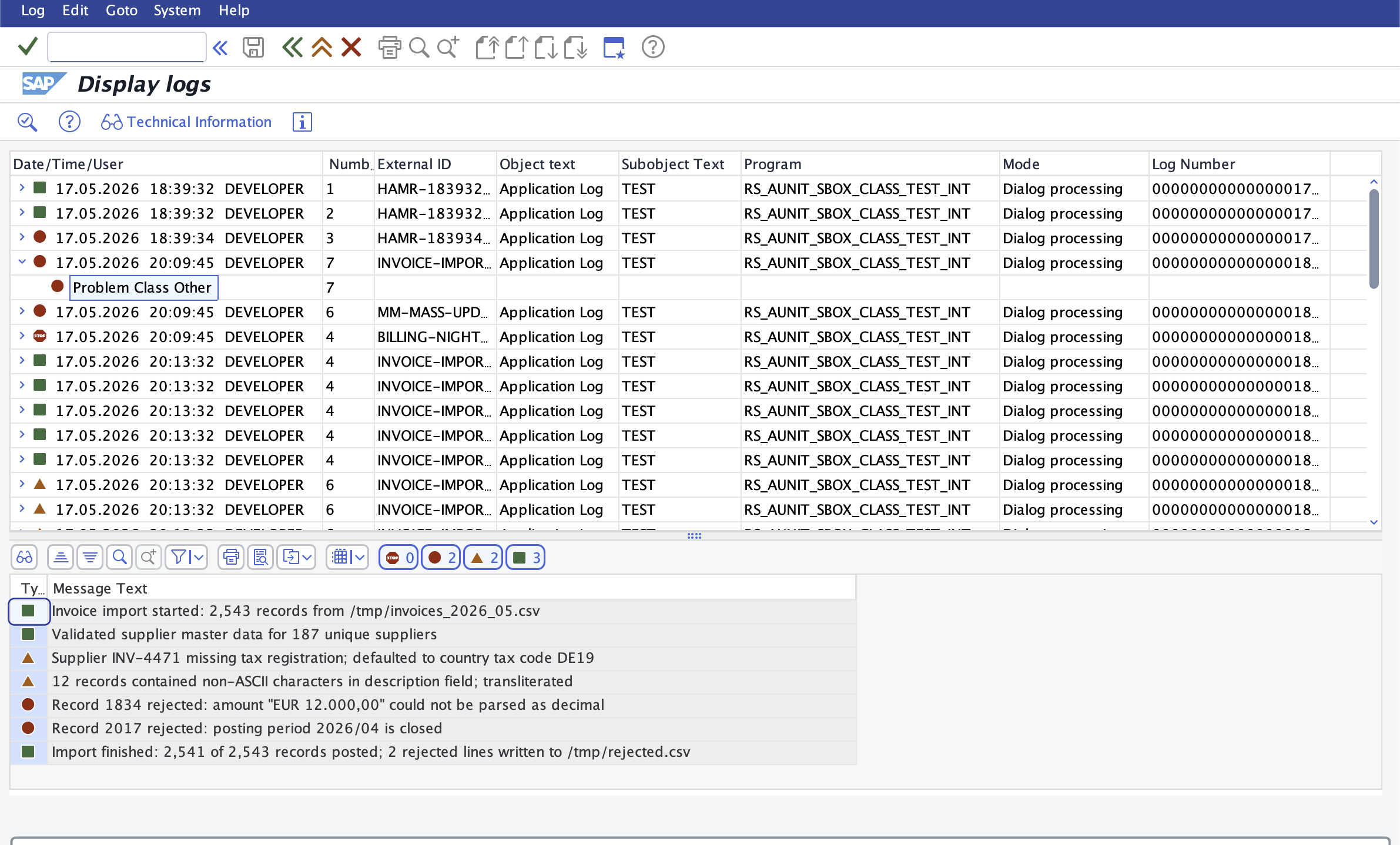 SLG1 result list with logs of mixed severities, message detail pane below