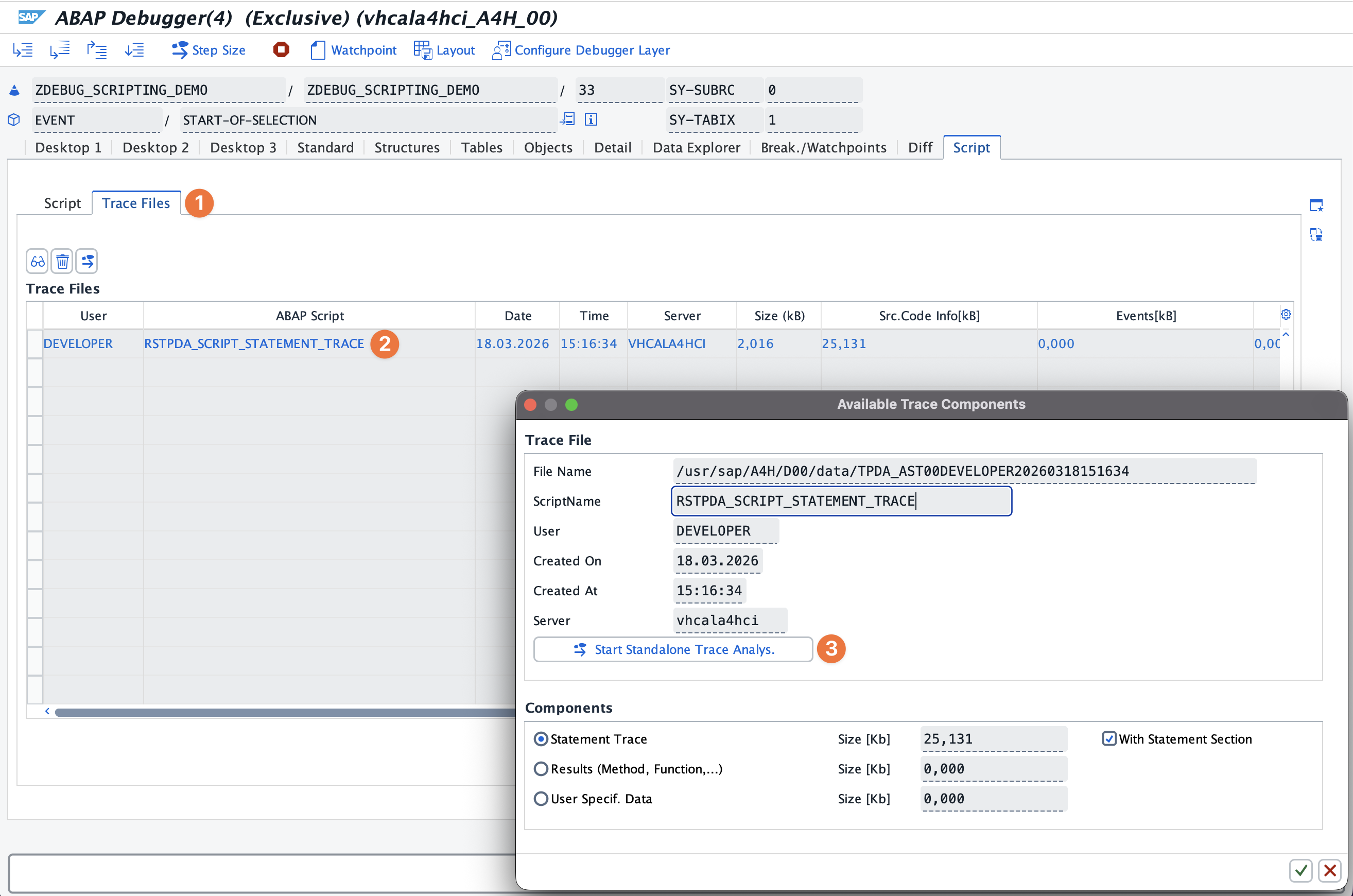 The Trace Files tab showing collected trace data, with a dialog to launch standalone trace analysis.